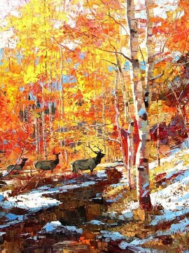 Texturkunst Werke - Deer Textured Red Yellow Trees Autumn von Knife 11
